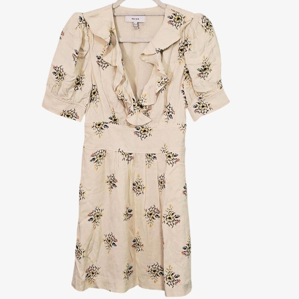 Reiss Floral Mini Dress Cream Size 0 Parisian Romantic Coquette V Neck